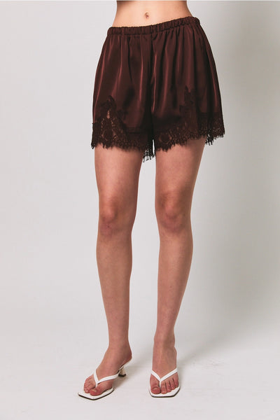 Satin Lace Stretch Shorts - Brown