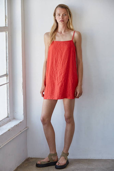 Simple Linen Mini Dress - Chili