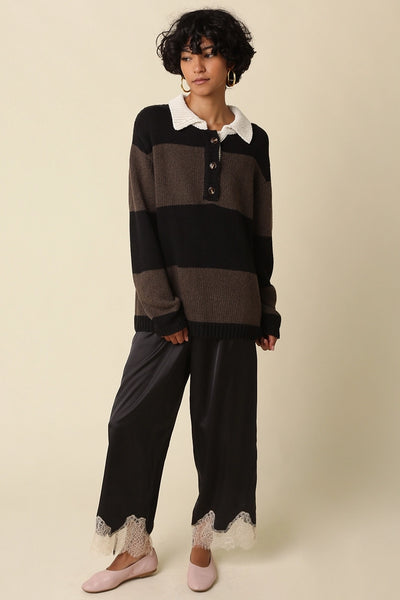 Quinn Lace Trim Satin Pants - Black Taupe