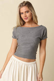 Angela Boat Neck Cinched Tee - Brown