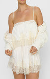Emmylou Mini Dress in Ivory Satin with Lace Trim - detail