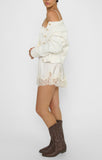 Emmylou Mini Dress in Ivory Satin with Lace Trim - side