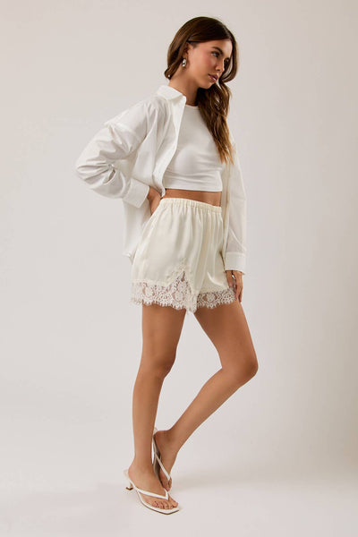 Satin Lace Stretch Shorts - Cream