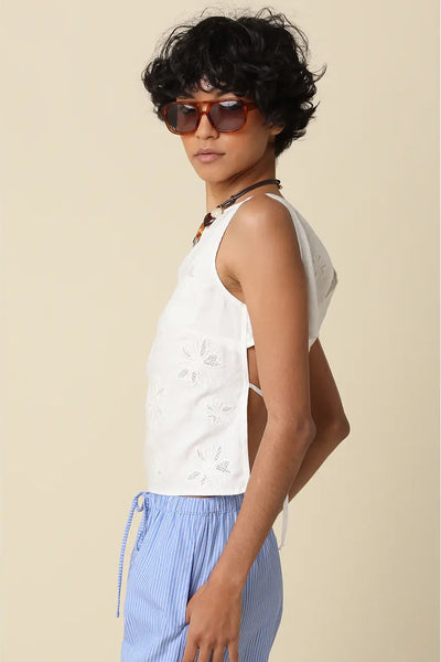 Jade Embroidered Open-Back Top - White