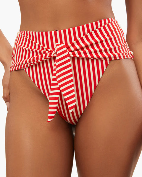 High Rise Tie-Front Stripes Bikini Bottom