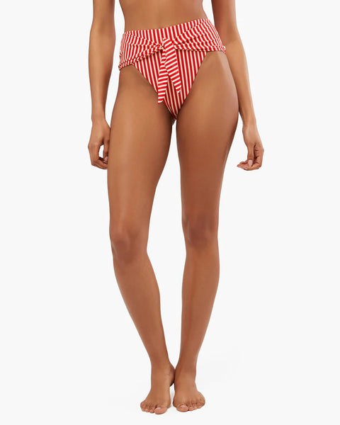 High Rise Tie-Front Stripes Bikini Bottom
