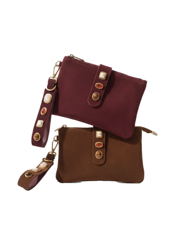 Most Wanted Gemstone Suede Wristlet Pouch and Keychain Set of 2