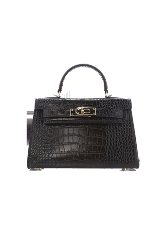 Billini Hariette Handle Bag in dark cacao croc with gold hardware