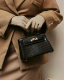 Billini Hariette Handle Bag dark cacao croc worn with tan tailoring