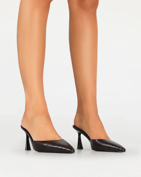 Yovanni Heel in chocolate snake, side view