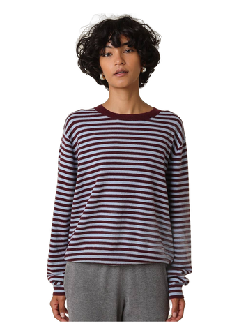 Olivaceous Izzy Striped Relaxed Knit Top in burgundy and light blue