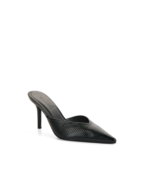 Billini Karey Heel in black lizard patent angle view