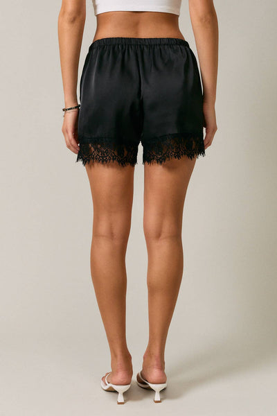 LE LIS Satin Lace Stretch Shorts in Black