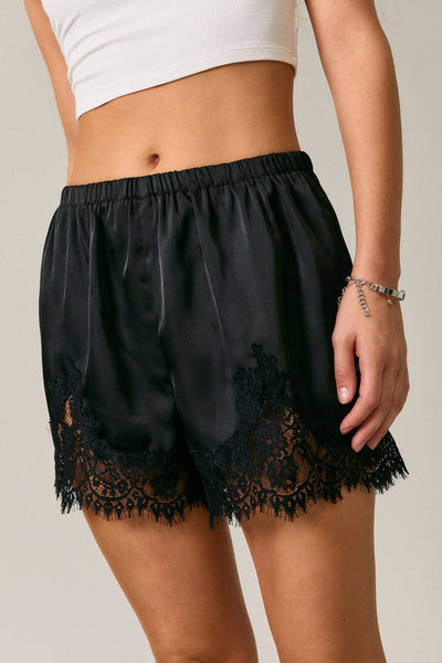 LE LIS Satin Lace Stretch Shorts in Black