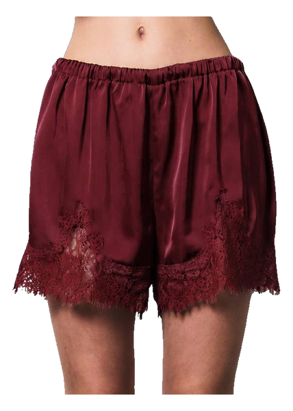 LE LIS Satin Lace Stretch Shorts in Burgundy