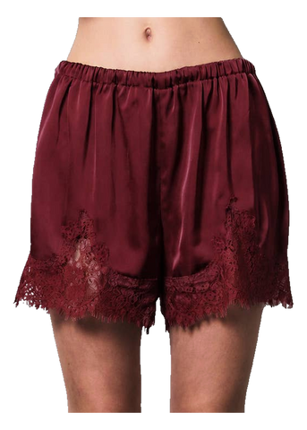 LE LIS Satin Lace Stretch Shorts in Burgundy