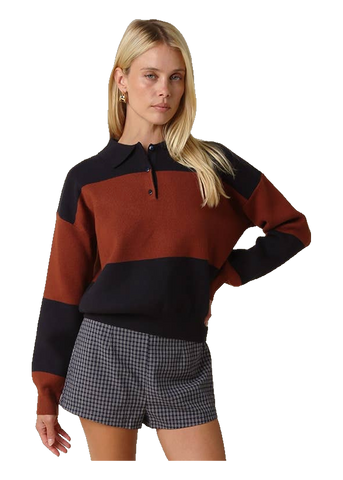 Olivaceous Lucia Color Block Polo Sweater in Navy Brick
