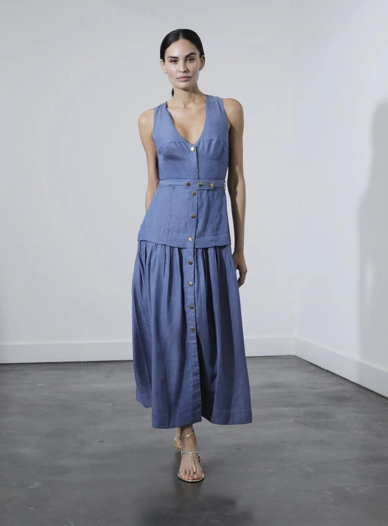 Karina Grimaldi Florence Denim Midi Dress | VIDA MOULIN Karina Grimaldi Florence Denim Midi Dress | VIDA MOULIN