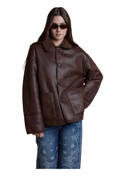 RAISONNEL Reversible Faux Leather Sherpa Jacket in Brown