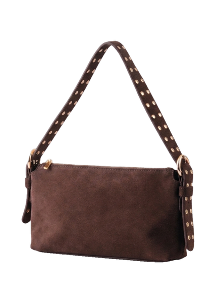 Most Wanted Suede Leather Shoulder Bag with Studded Strap in Chocolate
