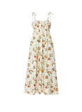 VIDA MOULIN Anisa Maxi Dress: White cotton poplin floral print dress with adjustable spaghetti straps and smocking at back.