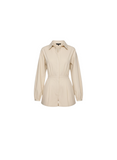 VIDA MOULIN beige woven collared long sleeve romper with button placket and shorts.