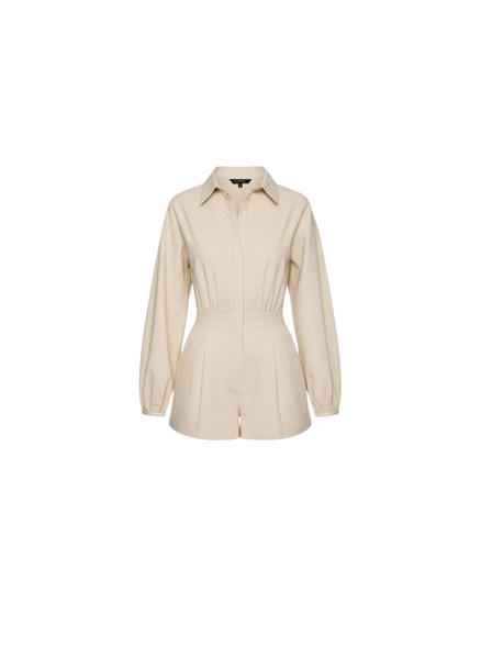 VIDA MOULIN beige woven collared long sleeve romper with button placket and shorts.