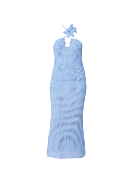 VIDA MOULIN baby blue crochet maxi dress with halter neckline and floral details, perfect for vacations.