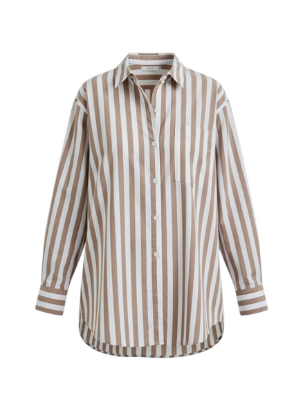 VIDA MOULIN Elsa top in russet white stripe, 100% cotton, boyfriend fit, button-up shirt with pocket detail.