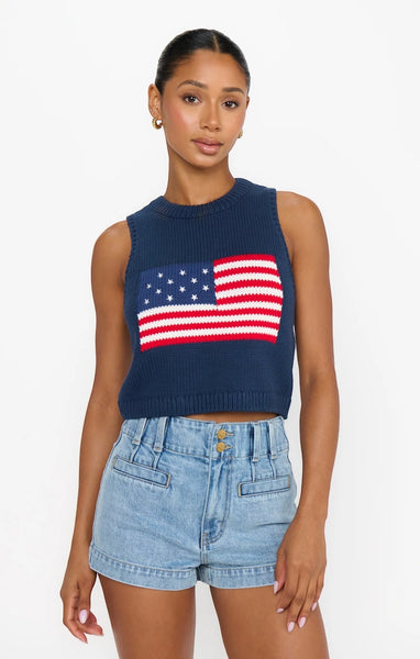 VIDA MOULIN navy blue 100% cotton knit tank top with American flag graphic detail on chest.