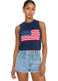 VIDA MOULIN navy blue 100% cotton knit tank top with an American flag graphic on the front.