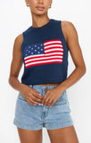 VIDA MOULIN navy blue 100% cotton knit tank top with an American flag graphic on the front.