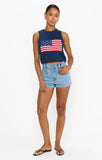 VIDA MOULIN navy blue 100% cotton knit tank top with an American flag design on the front.
