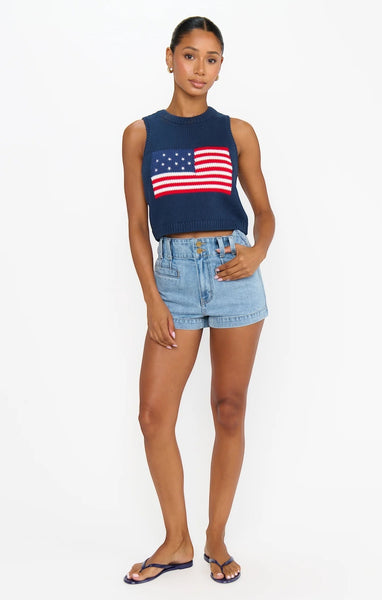 VIDA MOULIN navy blue 100% cotton knit tank top with an American flag design on the front.