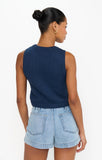 VIDA MOULIN navy blue 100% cotton Milo Tank sweater vest with ribbed texture, worn by a model with her hair in a bun.