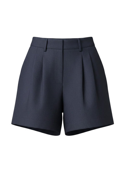 VIDA MOULIN navy linen tailored shorts with high rise, front pleats, buckle closure, and elasticized waistband.