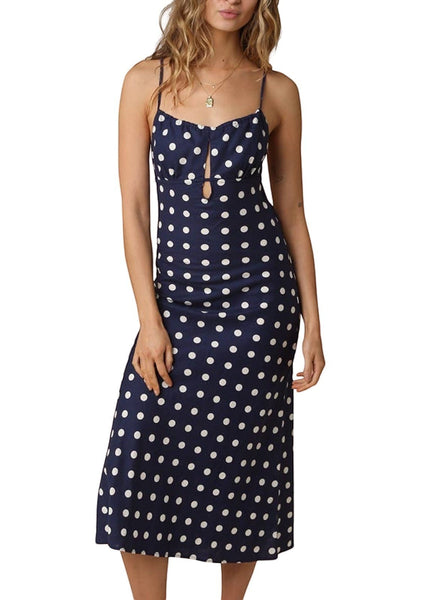 VIDA MOULIN navy blue midi dress with white polka dots, sweetheart neckline, adjustable straps, and open back. Linen blend.