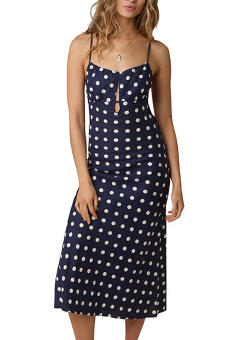 VIDA MOULIN navy blue midi dress with white polka dots, sweetheart neckline, adjustable straps, and open back. Linen blend.