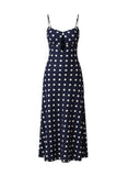 VIDA MOULIN navy blue polka dot midi dress with sweetheart neckline, adjustable straps, and open back. Lightweight linen blend fabric.