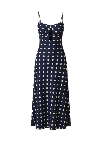 VIDA MOULIN navy blue polka dot midi dress with sweetheart neckline, adjustable straps, and open back. Lightweight linen blend fabric.