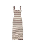 VIDA MOULIN Rosalie Maxi striped dress in cafe-cream. Fitted, unlined, viscose-cotton blend with scoop neckline and scallop edging.