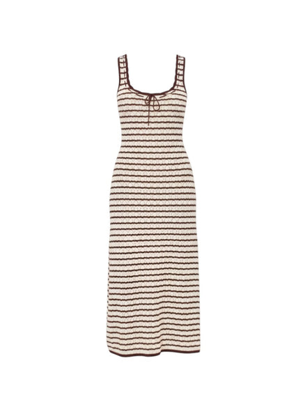 VIDA MOULIN Rosalie Maxi striped dress in cafe-cream. Fitted, unlined, viscose-cotton blend with scoop neckline and scallop edging.