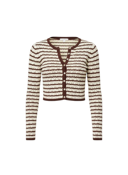 VIDA MOULIN Rosalie Cardigan in cafe-cream. Features a striped pattern, button-up front, and scallop stitching. Made from 60% Viscose, 40% Cotton.