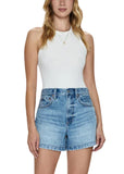 VIDA MOULIN Saige high-rise denim shorts in medium blue wash with frayed hem and 4" inseam.