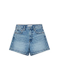 VIDA MOULIN Saige Short in French Riviera medium blue wash denim with frayed hem and 4" inseam. High rise, A-line silhouette.