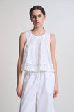 VIDA MOULIN white 100% cotton sleeveless round neck eyelet lace swing top with back self tie.