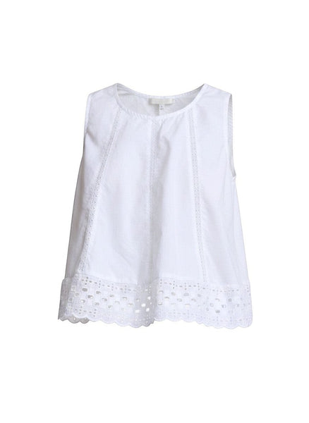 VIDA MOULIN white sleeveless 100% cotton swing top with eyelet lace inset and back self tie