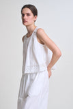 VIDA MOULIN white 100% cotton sleeveless round neck swing top with eyelet lace inset and back self tie.