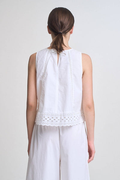 VIDA MOULIN white 100% cotton sleeveless swing top with eyelet lace inset and back self tie detail.