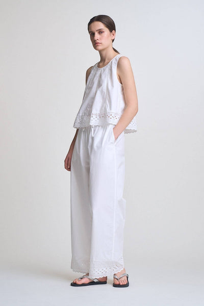 VIDA MOULIN white 100% cotton sleeveless round neck eyelet swing top with back self tie.